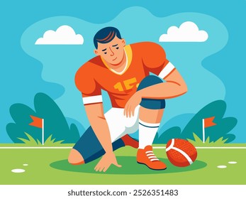 A vector-style illustration captures a soccer player in distress, clutching his knee on the field. His vibrant uniform contrasts with the muted backdrop, symbolizing the tension of injury - Powered by Shutterstock