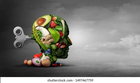 Vegan diet and mental function concept as a psychiatric or psychiatry symbol of the effects on the brain  and mood by eating plant based food with 3D illustration elements.
