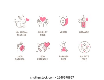 
Vegan Organic Cosmetic Icons Collection. Not Tested on Animals, Cruelty Free Badges. Eco and Nature Friendly Logo Templates. Flat Line Cartoon Illustration.