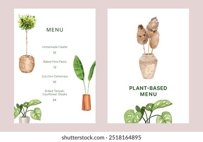 Vegan restaurant menu template with different home plants and dry pampas painted by watercolor. Hand drawn illustration clip art composition poster - Powered by Shutterstock