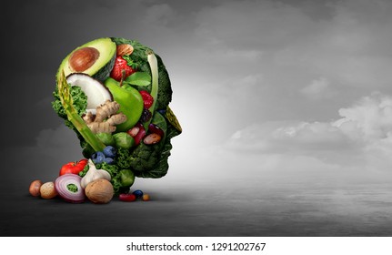 Vegan and vegetarian psychology concept with a group of fruit nuts beans and vegetable as an eating lifestyle and  thinking healthy diet as fresh produce shaped as a head in a 3D illustration style. - Powered by Shutterstock