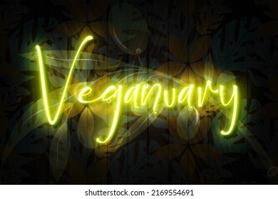 Veganuary Neon Sign on a Dark  Plant decorated Wooden Wall  3D illustration - Powered by Shutterstock