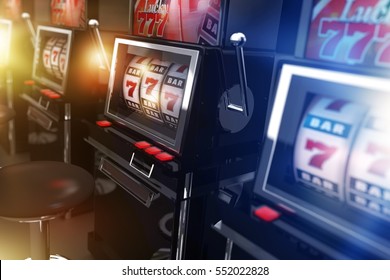 Vegas Casino Slot Machines 3D Render Illustration. One-Armed Bandit Casino Machines. Gambling Concept
