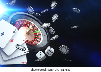 Vegas Games Casino Online, Poker Cards ,roulette, gaming dice, Casino Gambling Banner Backdrop Graphic Concept On Black Background - 3d rendering