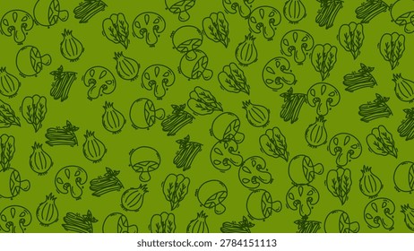 Vegetable doodle pattern with fresh greens, suitable for packaging, kitchen decor, restaurant menus, healthconscious brands, and foodrelated projects.