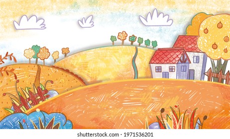 Vegetable Garden Farm Backdrop Background  Cute oil pastel drawing crayon doodle for children book illustration  poster  wall painting  Cow  Dog  Sheep  Rooster  Hen  Pig  pumpkin  eggplant  tomato