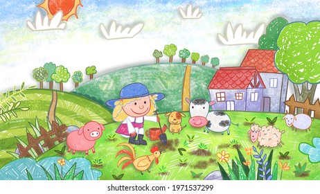 Vegetable Garden Farm Backdrop Background  Cute oil pastel drawing crayon doodle for children book illustration  poster  wall painting  Cow  Dog  Sheep  Rooster  Hen  Pig  pumpkin  eggplant  tomato