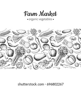 Vegetable Hand Drawn Vintage Illustration. Farm Market Poster. Vegetarian Set Of Organic Products. Detailed Food Drawing. Great For Menu, Banner, Label, Logo, Flyer