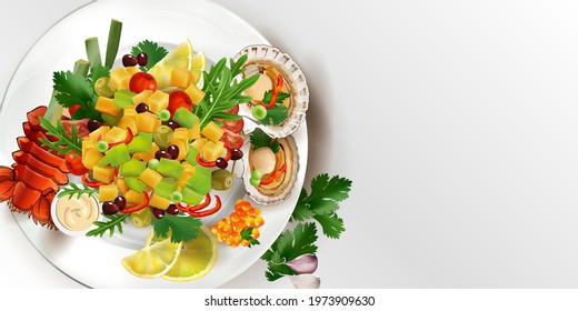 Vegetable salad with lobster, scallops and red caviar.