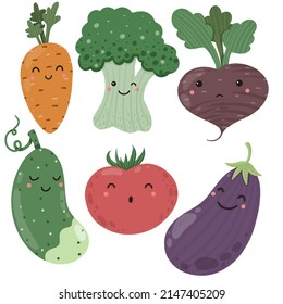 Vegetables Clipart, Minimalistic Broccoli, Cucumber. Tomato, Eggplant, Beetroot, Tomato On A White Background