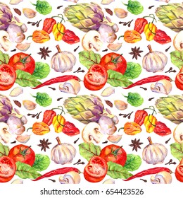 Vegetables pattern with tomatoes, peppers, artichoke, garlic, mushrooms. Seamless food background. Watercolor