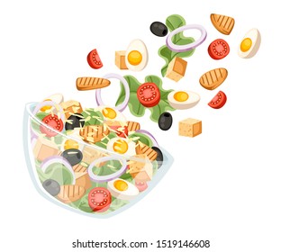 Vegetables Salad Recipe. Caesar Salad Fall To Bowl. Fresh Vegetables Cartoon Icon Design Food. Flat Illustration Isolated On White Background