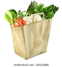vegetables in white grocery bag isolated