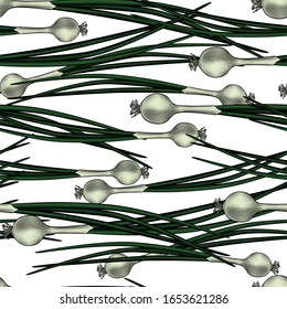 Vegetarian background. Seamless pattern background with green onions. Vintage color engraving stylized drawing. 
