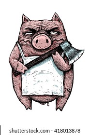 I am a vegetarian.Pig butcher with an axe . comic illustration