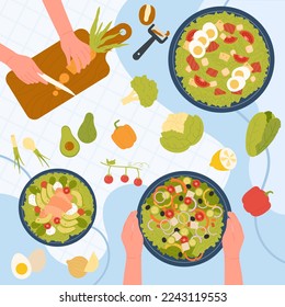 Vegetarian recipe of garnish, salad preparation. Hands of chef chopping vegetables, eggs wooden on board, holding tasty bowl for dinner flat illustration. Culinary, restaurant menu concept - Powered by Shutterstock