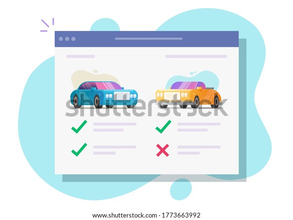 Vehicle auto rental comparing and choosing features\
online web store or auto and car digital internet auction shop with\
automobiles review and history details, concept of buying or\
selling icon\
image