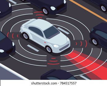 Vehicle Autonomous Driving Technology. Car Assistant And Traffic Monitoring System Concept. Technology Traffic Vehicle, Self-driving Sensor For Safety Illustration