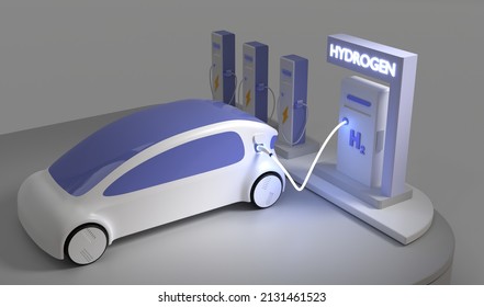 Vehicle With Hydrogen Or Hybrid Engine On Fueling Station With Plug In Glowing Cable Night. Refueling Service For Fuel Cell Cars, Eco Friendly Transport No Emissions With Energy Battery, 3d Render