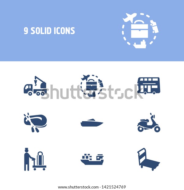 Vehicle icon set and rubber boat with crane\
truck, porter and cargo ship. Cart related vehicle icon  for web UI\
logo design.