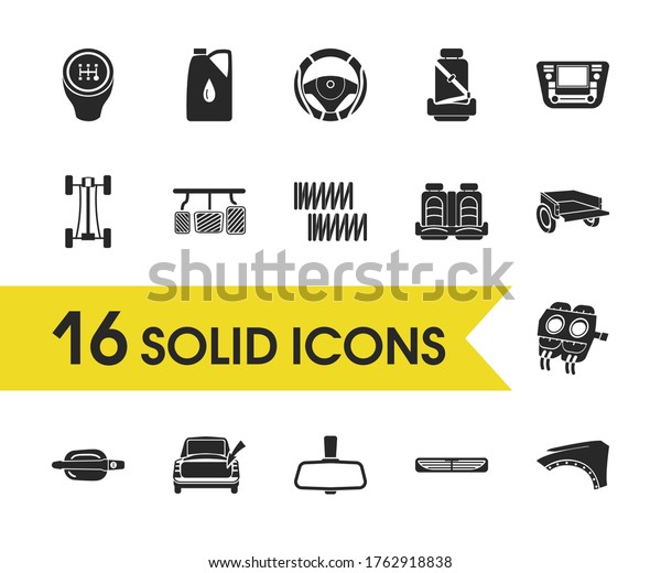 Vehicle icons set with back seats, car pedals\
and car chassis elements. Set of vehicle icons and buckle concept.\
Editable elements for logo app UI\
design.