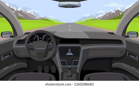 Vehicle salon  inside car driver view and rudder  dashboard   road  landscape in windshield  Driving simulator illustration