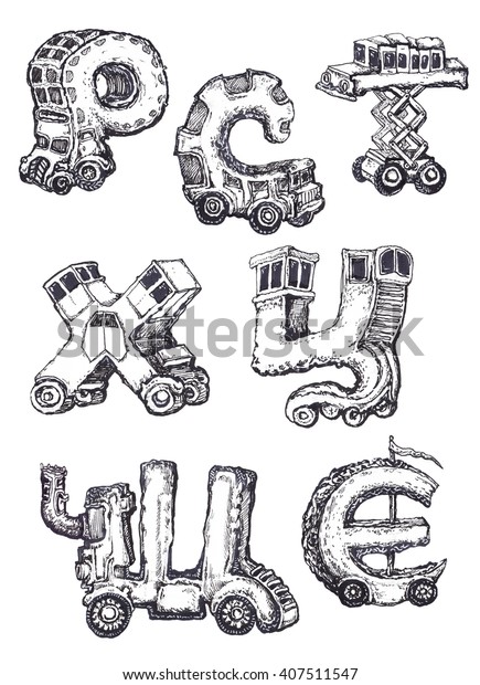 Vehicle type and font objects, icons set. black and
white, funny
cars.