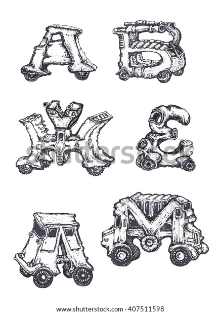 Vehicle type and font objects, icons set. black and\
white, funny\
cars.