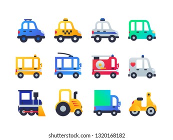 Vehicle Types - Set Of Flat Design Style Icons On White Background. High Quality Bright Images With Different Cars, Taxi, Fire Engine, Ambulance, Tractor, Scooter, Police, Trolleybus, Truck, Minibus