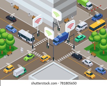 Vehicles with infrared sensor device. Unmanned smart cars in city traffic illustration. Sensor car autonomous drive on road city