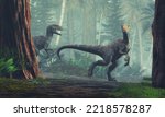 Velociraptor walking through the forest. This Dinosaur lived in the late Cretaceous period.