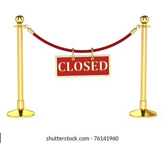 A Velvet Rope Barrier, With A Closed Sign Isolated On White Background