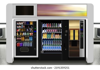 Vending Machine At Airport Lounge. Mockup 3D Illustration Is Suitable For Presenting New Packagings, Product, Promo Presentations.