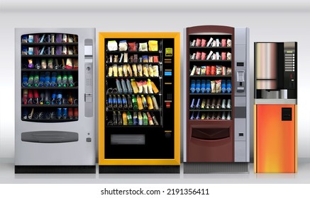 Vending Machine Juice And Snacks. Mockup 3D Illustration Is Suitable For Presenting New Packagings, Product, Promo Presentations