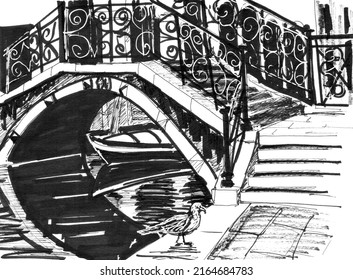 Venetian Bridge Over The Canal, Boat And Seagull, Black And White Travel Sketch