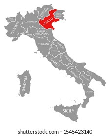 Veneto red highlighted in map of Italy
