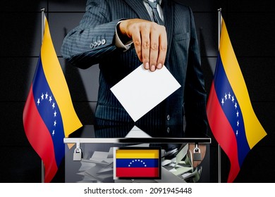 Venezuela Flags, Hand Dropping Voting Card - Election Concept - 3D Illustration