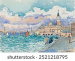 Venice (1903) painting in high resolution by Henri-Edmond Cross. Venice city in Italy watercolor. Vintage Venice landscape art drawing illustration, old Italy landscape scenery painting art print.