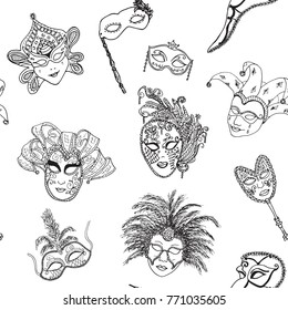 Venice Italy Carnival Masks Seamless Pattern. Hand Drawn Sketch Italian Venetian Festival. Doodle Drawing Background