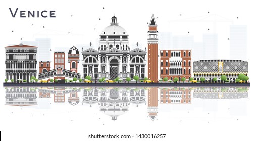 Venice Italy City Skyline with Color Buildings and Reflections Isolated on White. Business and Tourism Concept with Historic Architecture. Venice Cityscape with Landmarks.