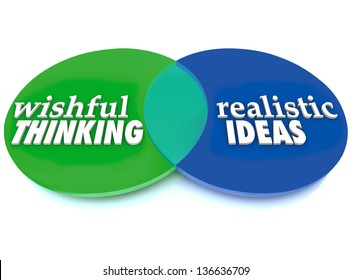 A Venn diagram of overlapping circles with the words Wishful Thinking and Realistic Ideas to illustrate dreams versus real plans that can be implemented to achieve a goal