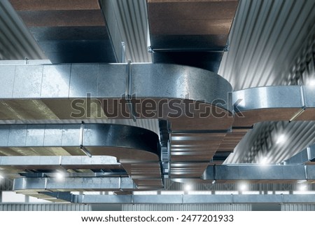Ventilation pipes under ceiling. Air-conditioning ducts. Ventilation pipes in factory. Air-conditioning ducts under roof. Square pipe for air filtration. Conditioning ducts for manufactory. 3d image