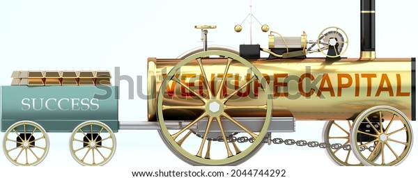Venture capital and success - symbolized by\
a steam car pulling a success wagon loaded with gold bars to show\
that Venture capital is essential for prosperity and success in\
life, 3d\
illustration
