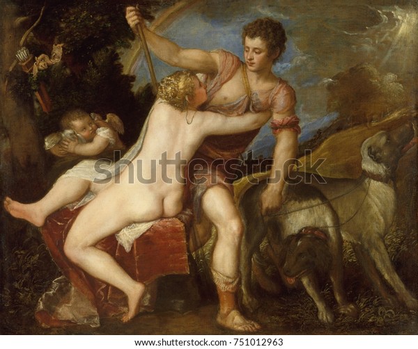 ВЕНУС И АДОНИС, Тициана, 1545-75, Итальянская живопись эпохи Возрождения, холст, масло. Сцена из Ovidx90s МЕТАМОРФОЗ, в которой Венера умоляет охотника Адониса не уходить, предупреждая его об опасности.