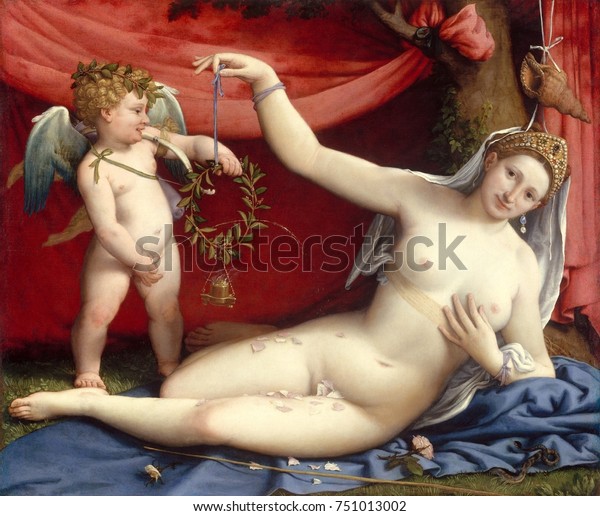 VENUS AND CUPID, by Lorenzo Lotto, 1520s, Italian\
Renaissance painting, oil on canvas. This work was painted to\
celebrate a wedding, with Venus\' features possibly those of the\
bride. Venus has\
rose