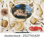 "Venus disarming Amor" in a medallion surrounded by plants, fruits, insects and shellfish (1593-1597) by Joris Hoefnagel. Vintage watercolor art illustration, watercolor painting, art print