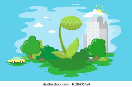 Venus fly trap in green central Park and city  cars  trees  building    blue sky  Minimalism Flat icon infographic nature banner image illustration 