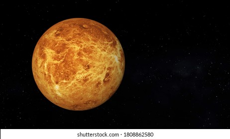 Venus Surface Without Clouds. Text Space On The Right. Realistic 3D Render Of Venus And Stars.