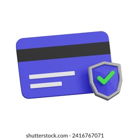 Verified Payment Security 3D Icon. A 3D icon of a credit card with a verification shield, signifying trusted payment security and transaction protection.
