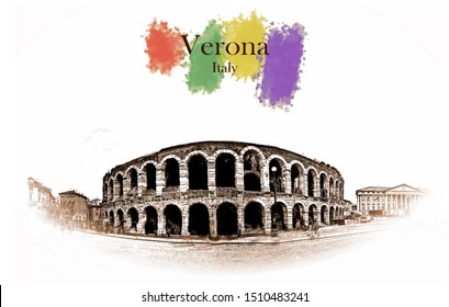 Verona amphitheatre. Roman Arena in Verona, Italy -Vintage travel sketch.